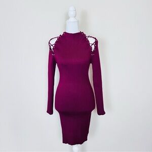 NWT Fashion Nova Deep Burgundy Red LaceUp Long Sleeve Cut Out Sweater Mini Dress